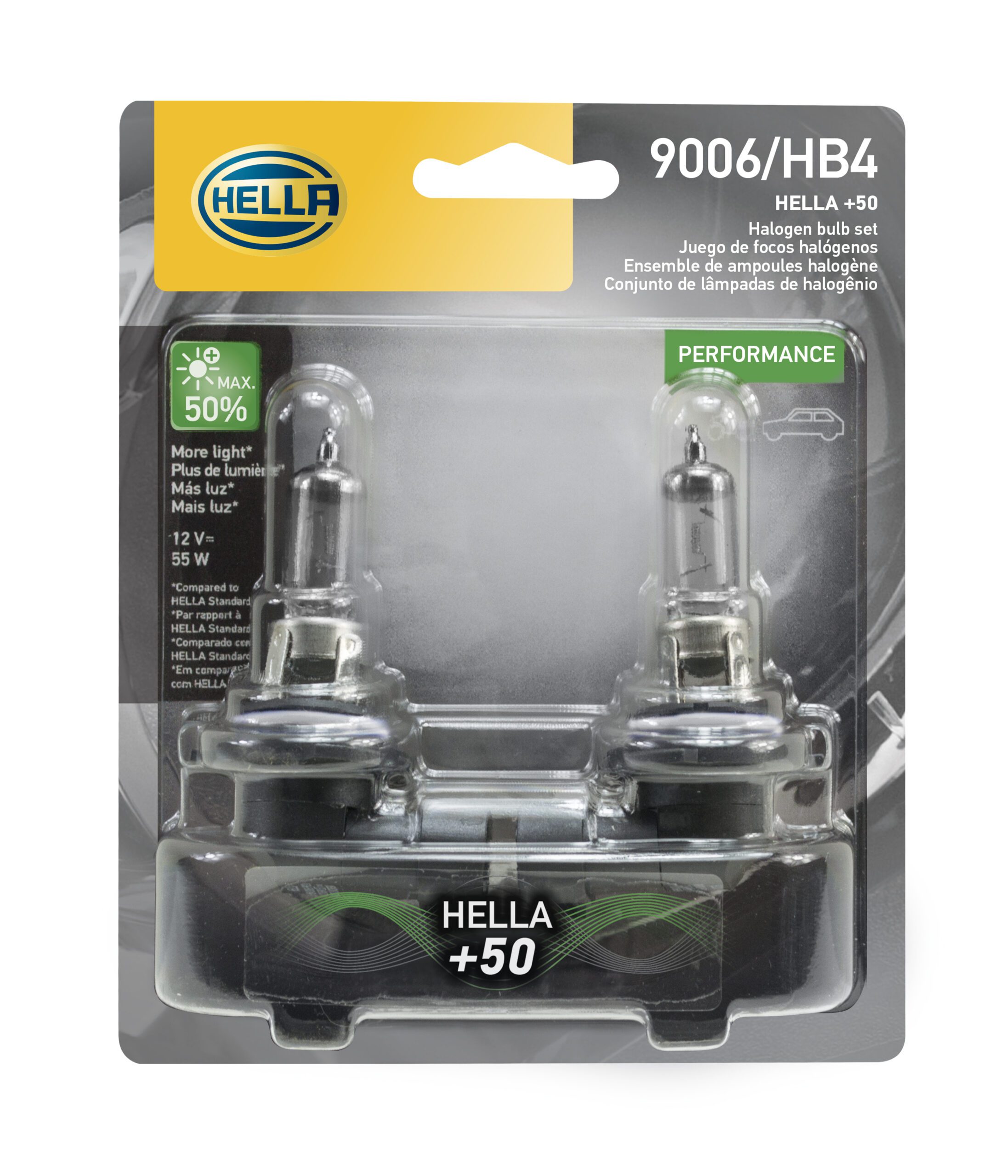 +50 Performance H4 Bulbs 50% 60/55W 12V HELLA H4P50TB 2 Pack 
